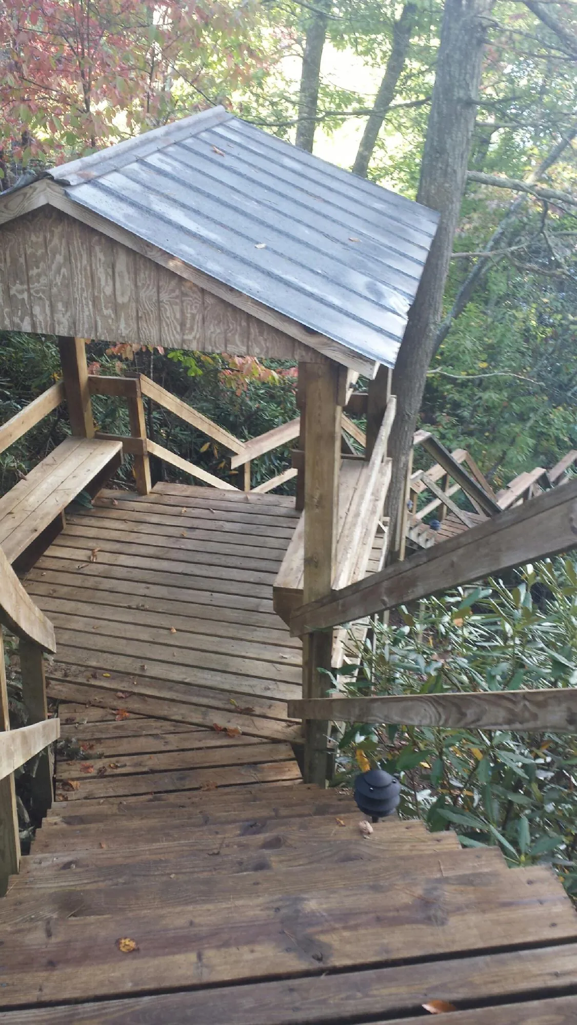 Metal roofed shelter over wooden steps on a wooded walkway — Skylight Repair & Installation work by our crew in Park Hills